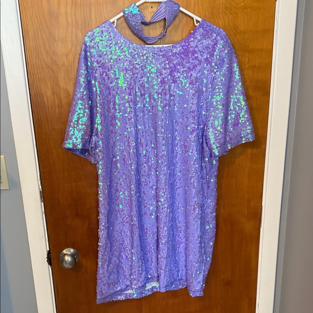 Low back Lavender Sequin Tshirt Dress & Garter (Taylor Swift Midnights Costume)